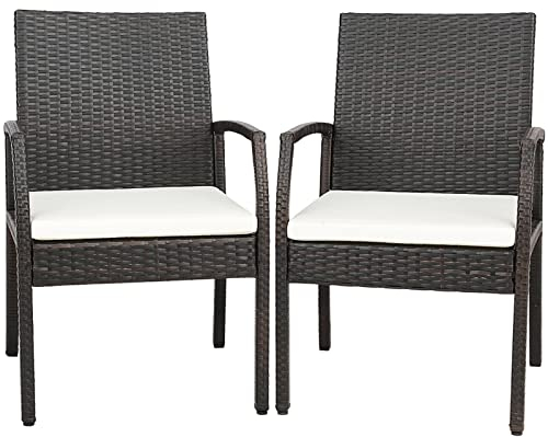 COSTWAY 2er Rattan Stühle Set, Gartenstuhl Polyrattan mit Rückenlehne & Armlehne, Gartensessehl mit Sitzkissen, Balkonstuhl Gartenstühle für Outdoor Terrasse Balkon Garten