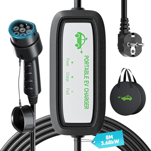 Ladekabel Elektroauto Typ 2 Schuko 3,68KW [8m|16A], Mobile Wallbox Ladestation mit LED-Kontrollleuchte, IP65, Ladekabel Typ 2 Schuko mit Tragetasche, EV Ladegerät für PHEV/EV