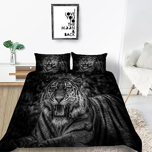 Bettwäsche 140x200 Bettbezug Winter Bettwäsche-Sets Schwarz-Weiß-Tiger 3D Muster Weich Baby bettwäsche Set Hypoallergen Kinder bettwäsche mit 2 Kissenbezüge 80x80 cm