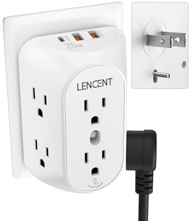 LENCENT 2 Prong Power Strip, 3 to 2 Prong Grounding Adapter, 6 Outlet PD20W & 2 USB A Port, 1728J Surge Protector, 3-Sided Wide Spaced Extender, Polarized Plug, Wall Mount for Non-Grounded Outlet