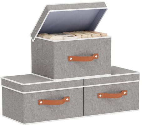 YheenLf Set de 3 Caja Almacenaje con Tapa, Plegable Cestas Organizadoras con Asas, Cajas Almacenaje Ropa para Libros, Mantas, Sábanas, Gris, 33×23×20cm
