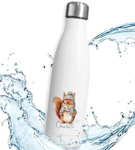 timalo® Thermosflasche Weihnachten personalisiert mit Namen auslaufsichere Edelstahl Trinkflasche Geschenk Wasserflasche für Männer Frauen Kinder Mädchen Jungen 750mL | Eichhörnchen-1