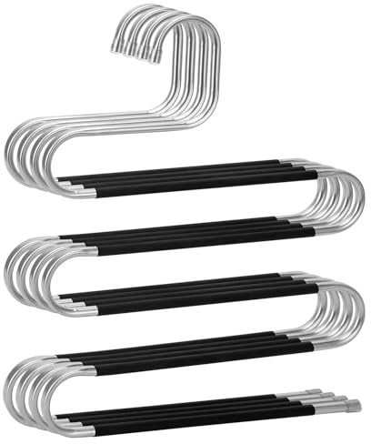 Pants Hangers Space Saving,4 Pack Stainless Steel Non-Slip Hangers for Pants,Multiple S-Shaped Closet Storage Organizer Hanger for Pants Jeans Scarf Towels Leggings