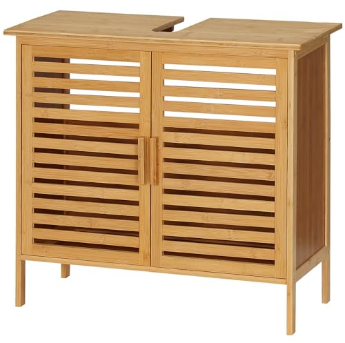 kleankin Under Sink Cabinet, Bamboo Bathroom Vanity Cabinet with 2 Slat Doors, Freestanding Bathroom Sink Cabinet, Natural