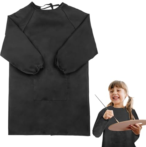 Svalor Malkittel Kinder, Malschürze Kinder Schwarz, Wasserdicht Malkittel Kinder 8-10 jahre, Malkittel Schule mit Ärmeln und Big Taschen - für Schule, Haushalt und als Geschenkidee zum Schulanfang