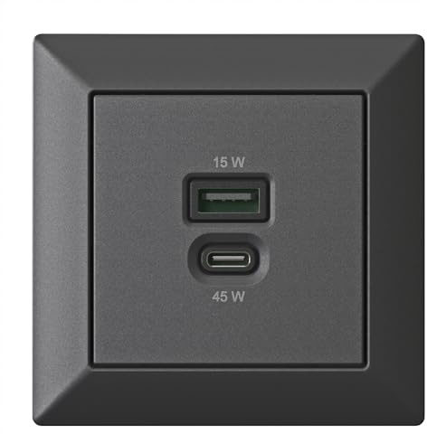 Unterputz USB-Ladestation, USB-C 45 Watt + USB-A 15 Watt Charger, Mattschwarz