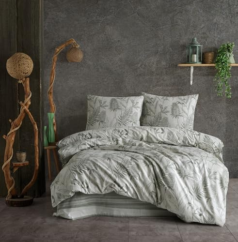 ZIRVEHOME Bettwäsche 240x220 cm 3 teilig Set Baumwolle Bettbezug Grün-Grau mit Tropischem Palmblatt und Kardenblumen-Design, Tuva