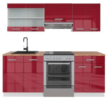 Vicco Küchenzeile R-Line, Rot Hochglanz/Weiß, 200 cm, AP Eiche