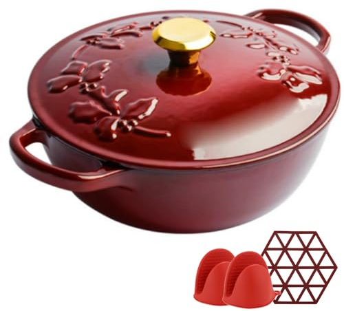 Forno olandese in ghisa smaltata antiaderente – Forno olandese rosa 3Qt per fuoco aperto, piano cottura, campeggio – include presine