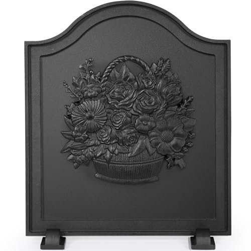 Firebacks for Fireplace,Cast Iron Fireback with Feet,Fireplace Back Plates,Heat Insulation Flower Fireplace Heat Reflector for Wall Protection 20''(H) x 17(W)