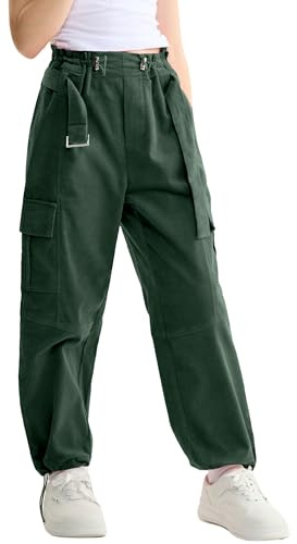 Rolanko Niñas Pantalones de Carga con Cinturón Ajustable Elástico de Cintura Alta Corduory Joggers Niños Hip Hop Danza Pantalones, Verde, Talla: 11-12 Años/160