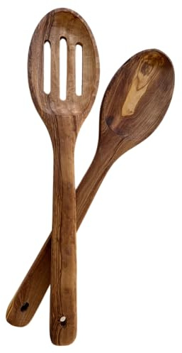 SmokeMax® Olivenholz runde Kochlöffel 2er Set | Holzlöffel, Handgefertigtes Naturprodukt, Salatbesteck, Pfannenwender