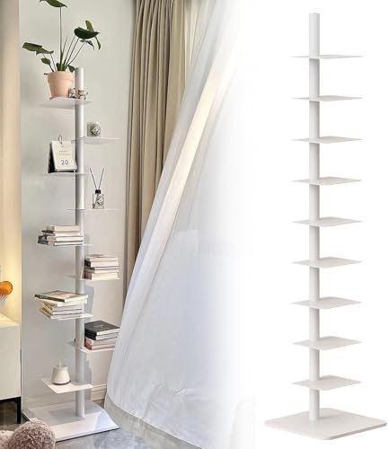 ZIXIAOS Standregale 9-Stöckiges Bücherregal Aus Metall, Hohes, Schmales Leiter-Bücherregal Für Kleine Räume, Vertikaler Bücherturm, Eckregal, Mehrzweck-Aufbewahrungsregal,White