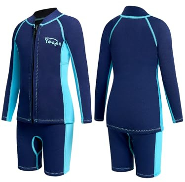 Yikayin Neoprenanzug Kinder, 2mm Zwei Stück Jungen Mädchen Neoprenanzüge Kind Neopren Thermal Langarm Top + Shorts Warm halten UV Neopren Schwimmanzug für Tauchen, Surfen, Schnorcheln, SUP