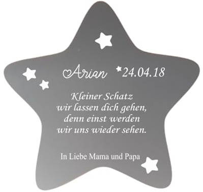 Generisch Sternenkind Andenken | Grabdeko Kindergrab/wetterfest | Erinnerung an EIN Sternenkind | Stern aus Holz grau lackiert 17 x 17 cm | Geschenk zur Beerdigung | Gedenkstern als Trauergeschenk