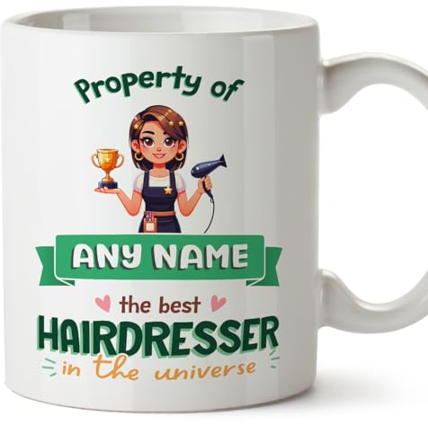 MUGFFINS Personalised Mug for Hairdresser Woman - in English - Property of - Funny Custom Gift for Colleagues - Ceramic 11oz Mug
