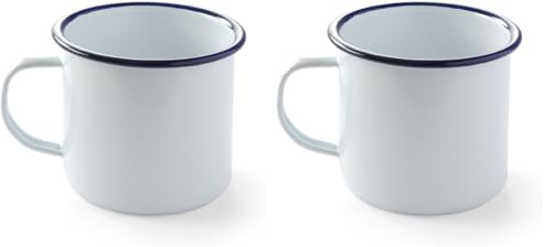 HENDI Tasse Mug en acier émaillé blanc, avec bord bleu, pour le petit déjeuner, tasse à thé, tasse à café, pour boissons chaudes et froides, pour le camping, crème glacée, 0,52L, ø100x(H) 90mm