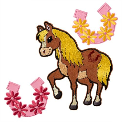 Mono-Quick Pferd Aufnäher Set zum Aufbügeln Bügelbild für Kinder Mädchen mit Lieblingstier Wild, Bügelpatch Patches Bügelflicken