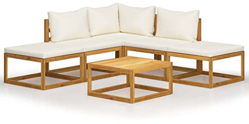 Emmtore Akazienholz Massiv Gartenmöbel mit Auflagen Sofa Lounge Garten Garnitur Sitzgruppe Gartenset Sitzgarnitur Gartensofa Tisch,Creme,Eckteil+2xMittelteil+2xFußstütze+Tisch