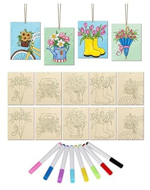 XFSRG 10 Piezas Grandes Adornos de Madera para Pintar Formas de Autos Flores y Girasoles Incluidos 8 Lápices Acuarelables para Adultos Kit de Manualidades (Coche)