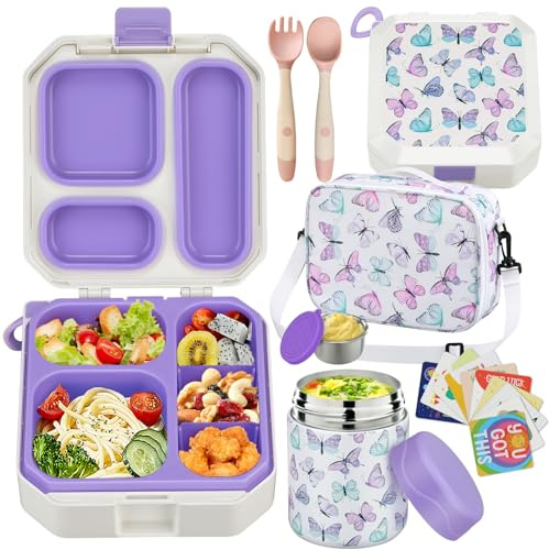 wiwens Bento Lunch Box for Kids with 12oz Soup Thermo Leak-Proof Lunch Food Container with 5 Compartment Thermo Hot Food Jar and Insulated Lunch Bag for Kid Toddler Girls Boys to School