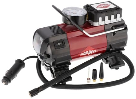 Compresor Aire Coche 12 V Airpress – Mini Compresor Portátil 27 L/min Sin Aceite con Manómetro – Inflador Ruedas Coche y Moto con Cable Largo, Hinchador Eléctrico Alta Potencia