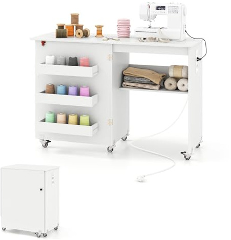 GIANTEX Tavolo da Cucito Pieghevole, Tavolino da Cucito con 5 Ruote, Mobile per Macchina da Cucire, Ampia Piano di Lavoro, 3 Vassoi Portaoggetti e Ripiano Aperto, con Stazione di Ricarica (Bianco)