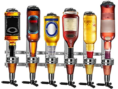 GREENSAPPIRE 6 Bottle Wall Mounted Bar Optics Dispenser – Aluminum Alloy Bar Butler Spirit Drink Dispenser Stand, 6 x 30ml Optic Spirit Measure, Space-Saving Barware Set for Home Pub Kitchen Party