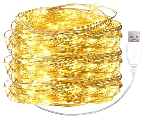 ENLACE LED Lichterkette mit USB, 10M 100 LED Kupferdraht Lichterkette | Micro Silberdraht Lichterketten für Weihnachten Halloween Hochzeit Party Innen Außen Deko, Warmweiß <59lm