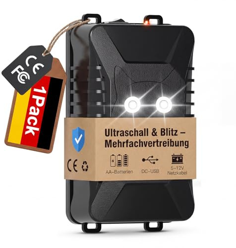 ADOGO Ultraschall Marderabwehr Batteriebetrieben, Marderabwehr Dachboden mit Blitzlicht & Sensor, IP66 Mäuseabwehr Ultraschall Testsieger, Marderschreck Garten für Haus,Garage,Dachboden