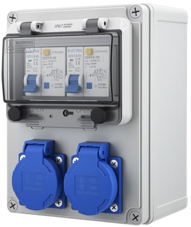 Hoyiyobi Caja de Distribución Eléctrica para Obra 16A, Distribuidor de Corriente 230V para Construcción IP67 para Montaje en Pared con Disyuntor, para Talleres, Fábricas y Obras de Construcción