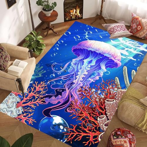 ZLXMN Tiefsee-Quallen-Teppich,70x140cm Blaue Ozean-Unterwasserwelt Wohnzimmer Teppiche,Tiermotiven Aus Dem Meer Bodenmatten Mit GummirüCken füR Spielzimmer Tierfreundlich Rutschfester Teppichs