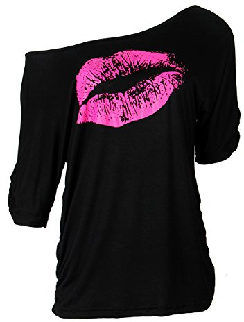 Smile Fish Damen-T-Shirt, schulterfrei, langärmelig, mit aufgedrucktem sexy Lippenmotiv Gr. X-Large, Schwarz-Rose