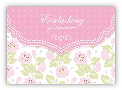 Im 16er Set: Schöne Einladungskarte mit zartem Blüten Muster in rosa für Mädchen: Einladung zur Jugendweihe • laden Sie Freunden & Familie ein um Geburtstag, Abschluss, das Leben zu feiern