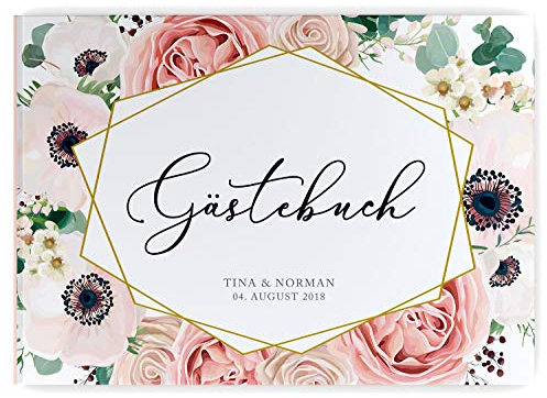 DeinWeddingshop Gästebuch zur Hochzeits - PERSONALISIERT mit Namen & Datum - Hardcover Buch, 104 Seiten, DIN A4 quer | Hochzeitsgästebuch (Inhalt weiße Seiten - blanko, Modern Floral)