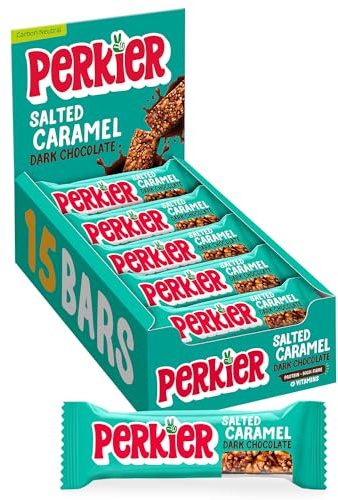 Perkier Salted Caramel & Dark Chocolate, 15 High Fibre Bars, 6 Flavours, Vegan, Gluten Free, Protein, Lower Sugar, Office Snacks, High Fibre Snack, Natural, Lower Calorie, Healthy Nut Bar