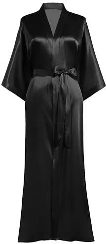 Prodesign - Accappatoio da donna, in raso, lungo, con cintura, in tinta unita, da notte, leggero, Nero , taglia unica