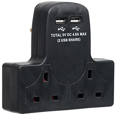Invero 2 Way Gang Cable-Free Multi-Plug 13A Wall Socket Adaptor with 2x USB Charging Ports 4.8A - Black