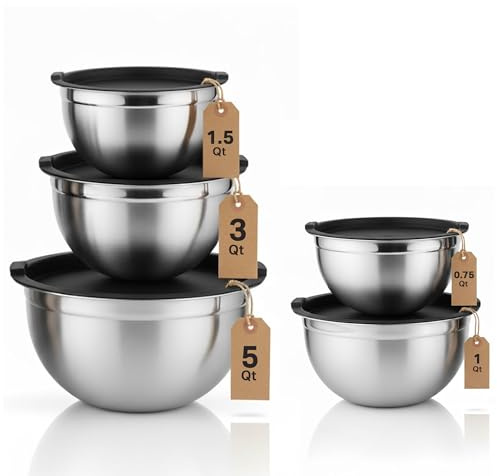 Vinod Set of 5 Stainless Steel Mixing Bowls with Lids - Meal Prep Bowls | Mix & Serve | Flat Bottom & Stackable | Heavy Duty, Easy to Clean, Space Saving, | Black Lids