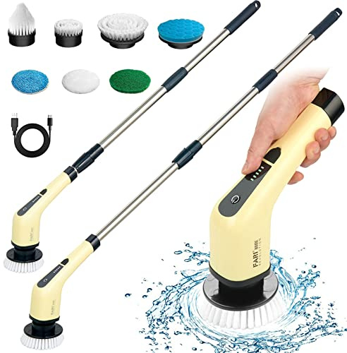 Brosse de Nettoyage électrique sans Fil avec 7 têtes de Brosse remplaçables, FARI Baignoire et carrelage Vadrouille à récurer électrique avec poignée réglable pour Salle de Bain, Cuisine (Jaune)