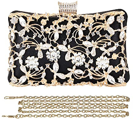 CORIOS Clutch dam, strass, lyxig aftonväska, kristall, glitter, handväska, glänsande, axelväska, elegant, skulderväska, plånbok, väska för cocktailparty, aftonfest, dansfest, födelsedag, svart, L