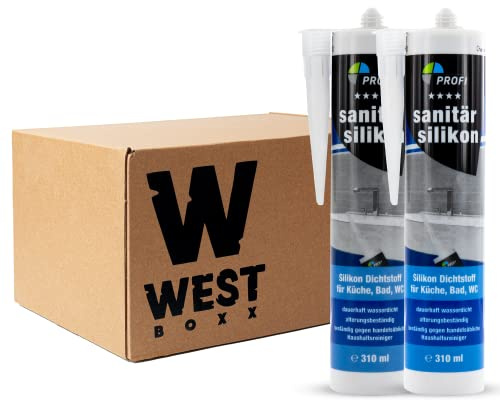 W West Boxx Set aus 2x Profi Sanitär Silikon 310ml, Sanitärsilikon transparent, Dichtstoff wasserdicht, ideal für Sanitärbereich, Küche, Bad, WC, Glas, Fliesen, Keramik