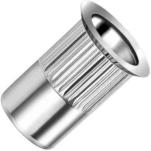 M5 Écrous à sertir aveugles, tête fraisée, corps rond rainuré, insert fileté ouvert, 5mm moleté en acier zingué, rivet pour acier, alliage, cuivre, plastique, fibre de verre et composite (100 pcs.)