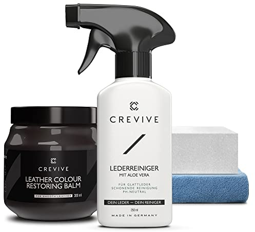 CREVIVE Läderrengörare 250 ml & läderåterställare mörkbrun 300 ml – läderfärgåterställning – läderåterställare för soffor – läderbalsam mörkbrun