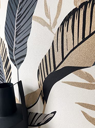 NEWROOM carta da parati Neri Giungla Tessuto non Tessuto - Moderno Oro Grigio Palme Foglie Tropicale