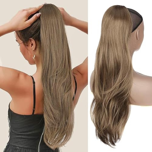 PORSMEER Braun Lange Zopf Pferdeschwanz Haarteil Haarverlängerung mit Kordelzug Lang Glatt Wellig Natürliches Synthetik Haar Ponytail Extensions braun für Frauen 65cm