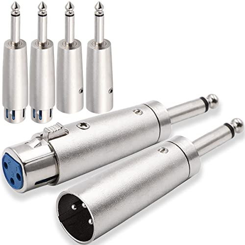 Xiatiaosann XLR 3 Pin Female Male to 1/4 6.35mm Male Audio Mono Adapter TS Socket Jack for Microphone Mixer, XLR Connector Plug Converter, Metal Adapter, 6 PCS