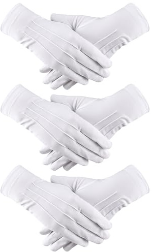 RCIDOS 3 Paia Bianco Guanti di Cotone Nylon con Bottone Adatto a tutte le occasioni costumi da parata, guardia d'onore, cosplay, feste a tema, ispezione gioielli antichi