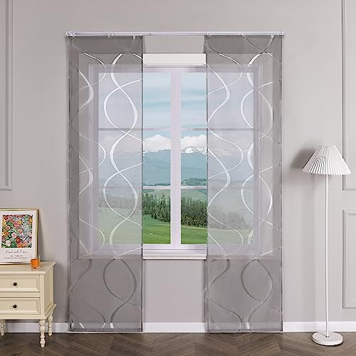 Delien Schiebevorhänge 2er Set Ausbrenner Schiebe Flächenvorhänge mit Wellen Muster Transparente Vorhang Modern Wohnzimmer Gardinen Fenster Schals mit Klettband BxH 57x225cm,Grau