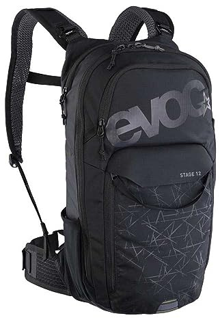 EVOC STAGE 12, Zaino (spallacci regolabili con BRACE LINK, AIR FLOW CONTACT SYSTEM, incl. scomparto per vescica d'idratazione, scomparto per attrezzi e cinghie di compressione, Taglia unica), nero